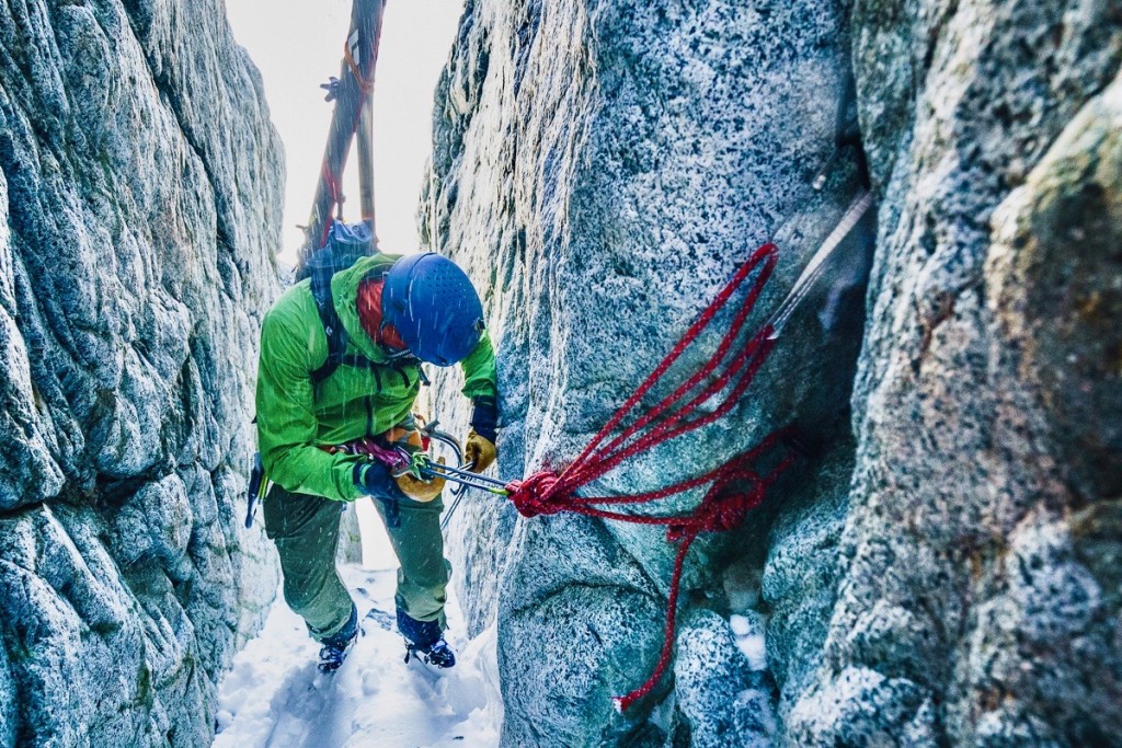 No snow, no ice, no protection, no go. Noah Howell makes the call to head down after trying to climb the Split Mountain Couloir, Sierras.